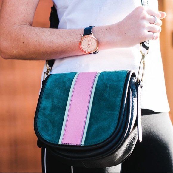 Fossil Green Suede & Black Leather Crossbody Bag — Pink & Mint Stripe Accent - Picture 1 of 7